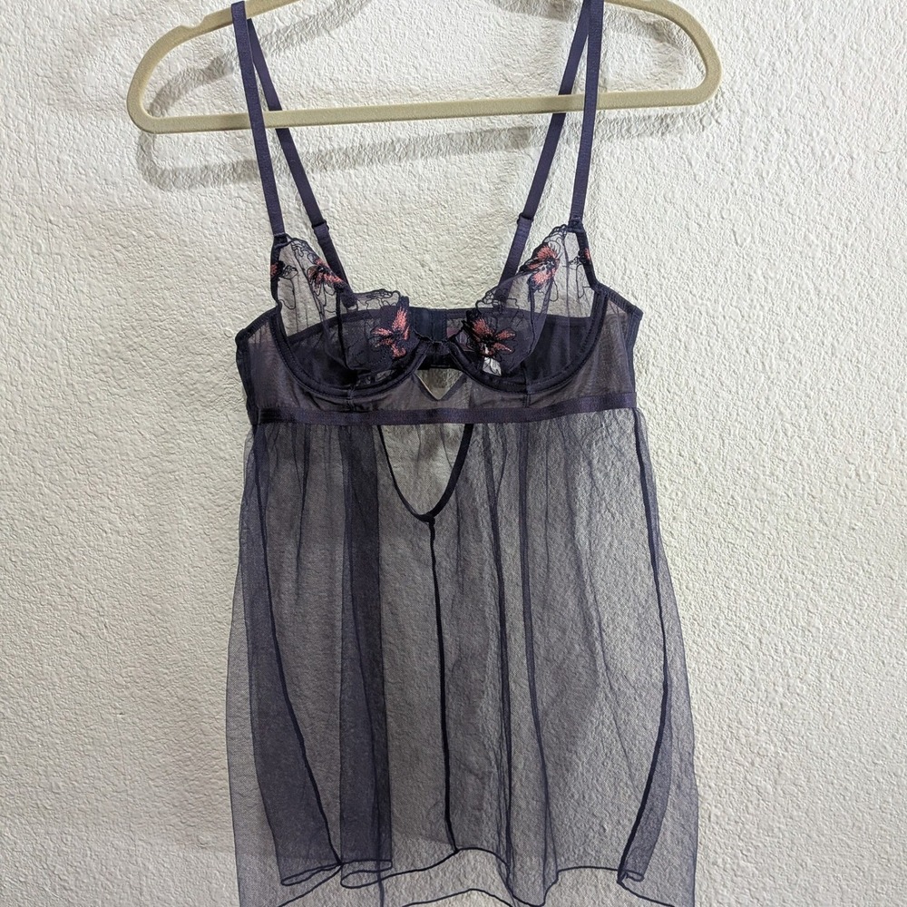 Adore Me Babydoll Chemise Mesh Lace 34B Navy Floral Sheer Lingerie Teddy Boudoir - Picture 2 of 8